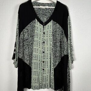 Lyng Womens Black Mixed Print Button Down Boho Top Size 1 Lagenlook Artsy Tunic